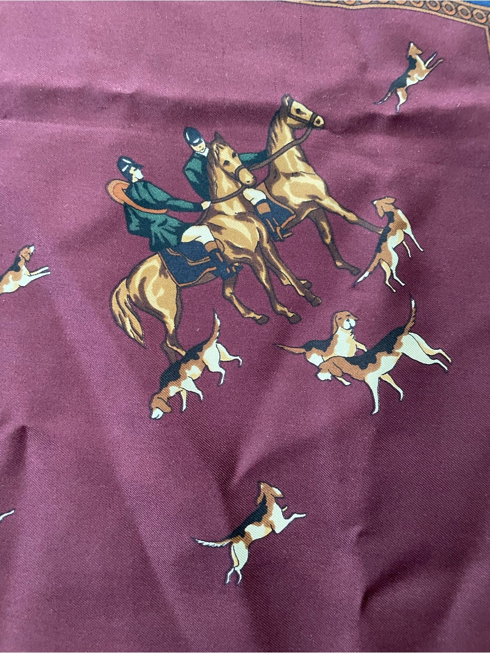 Ralph Lauren Vintage Equestrian Scarf with Fox Hunt Hunting Dogs Burgundy 35x35